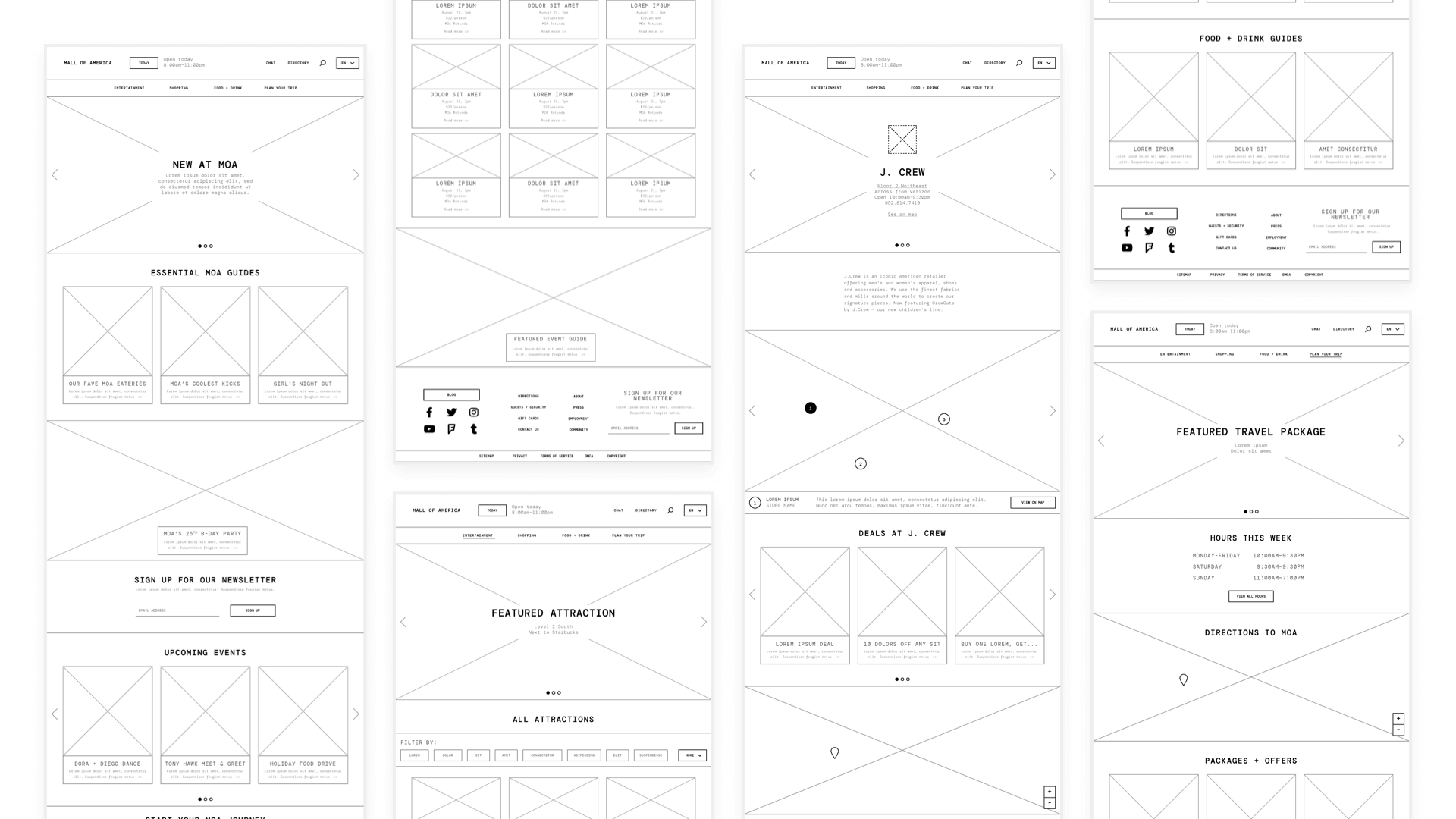 Wireframes of the redesigned Mall of America website