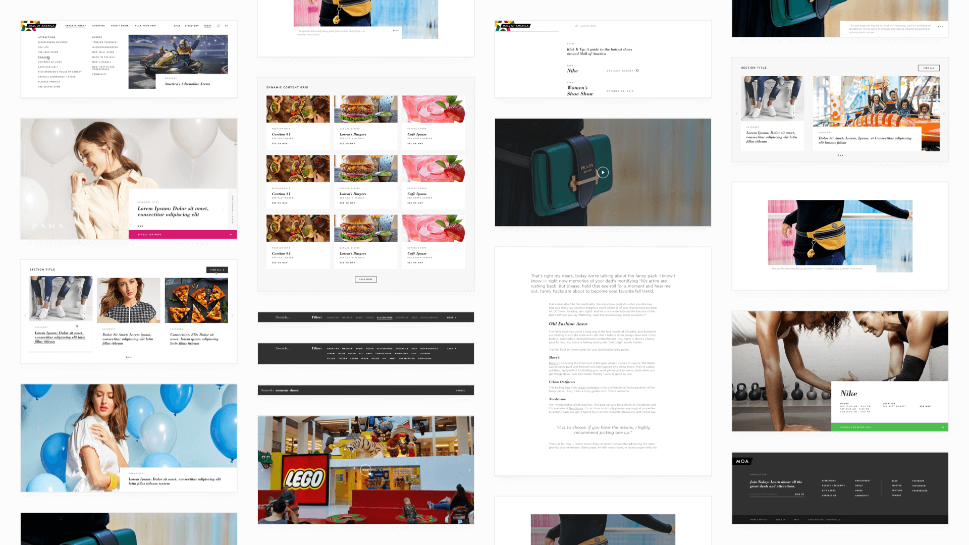Desktop designs for the modules used on the redesigned Mall of America website