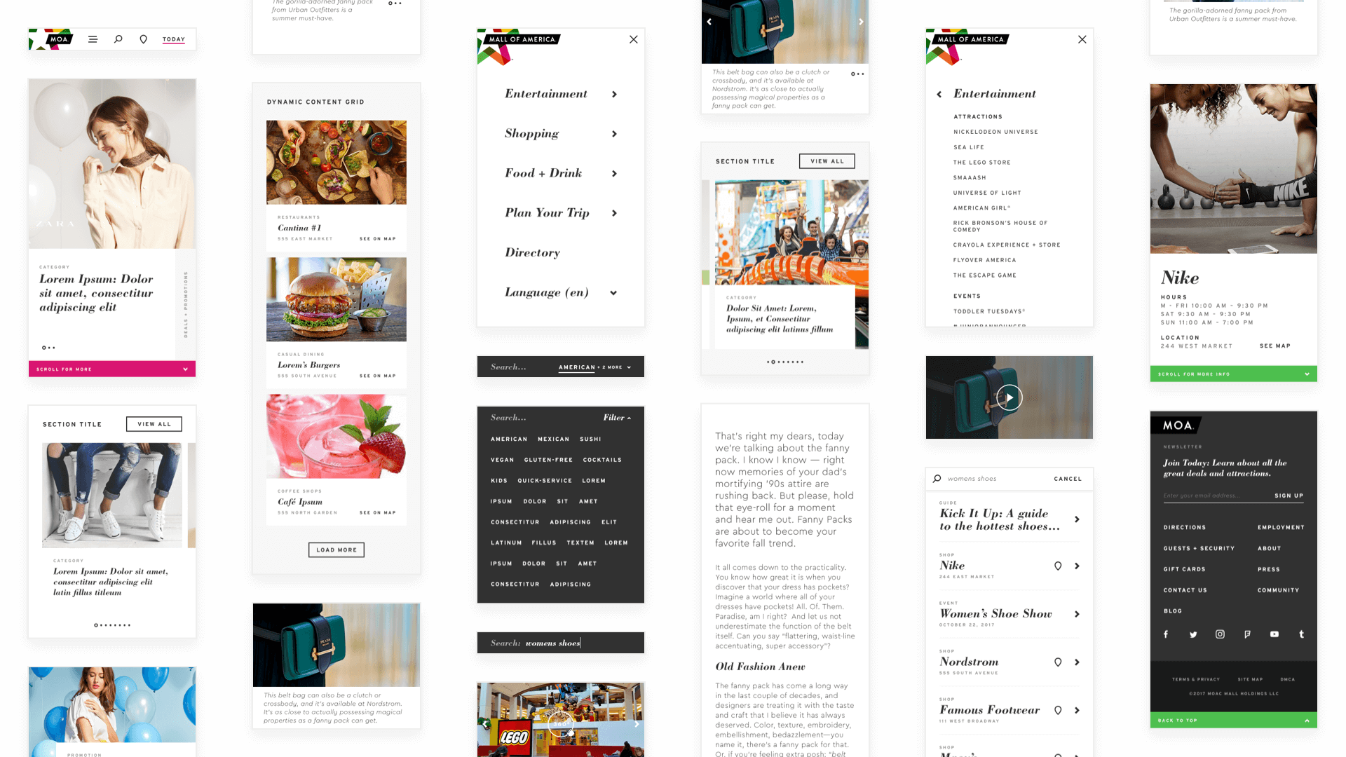 Mobile designs for the modules used on the redesigned Mall of America website