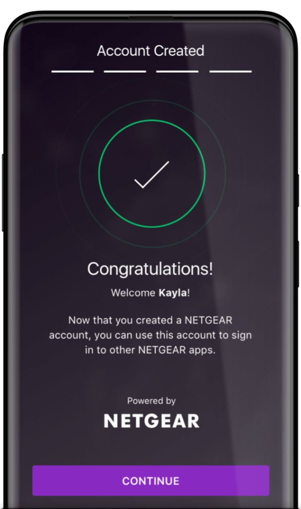 Design for a screen congratulating the user for creating their NETGEAR account