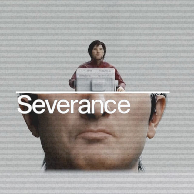 Title art for the show 'Severance', depicting a man's head cut cleanly in half above the nose, with a much smaller man sitting in front of a computer inside the head, and the word "Severance" overlaid