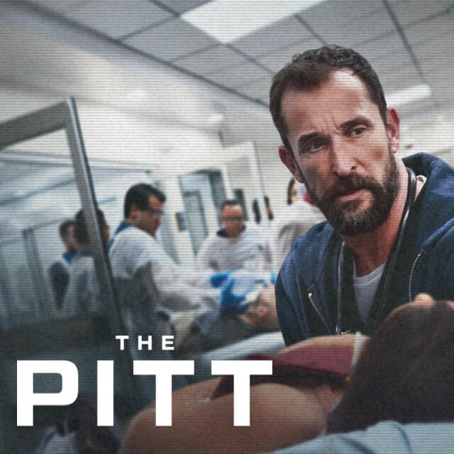 Title art for the show 'The Pitt', depicting an ER doctor attending to a person on a stretcher, with several other ER staff in the background