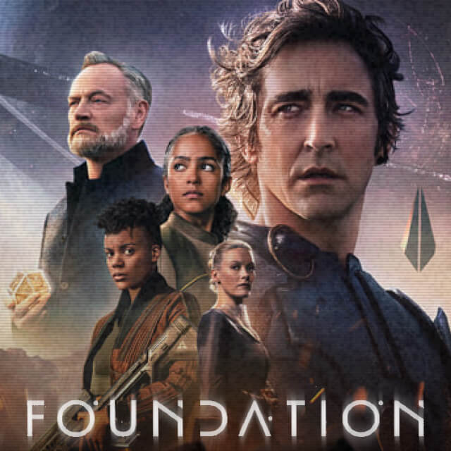 Title art for the show 'Foundation', depicting five characters staring into different directions, with a space-like backdrop behind them