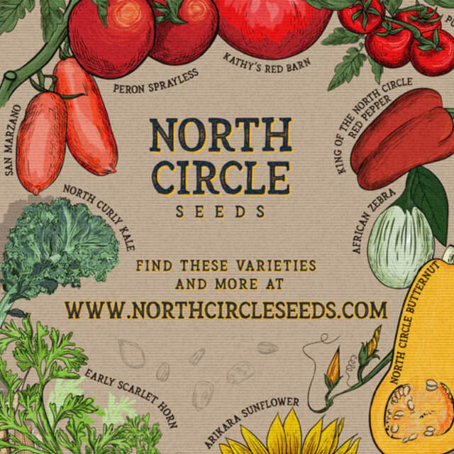 Poster art for North Circle Seeds depicting a variety of illustrated vegetables and flowers