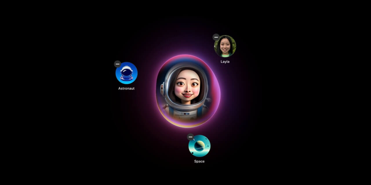 A graphic displaying the user interface visuals from Apple's new Image Playground feature, where three bubbles containing representative images of various topics ("astronaut", "space", and "Layla") surround a much larger, glowing bubble containing an AI-generated image that combines those topics