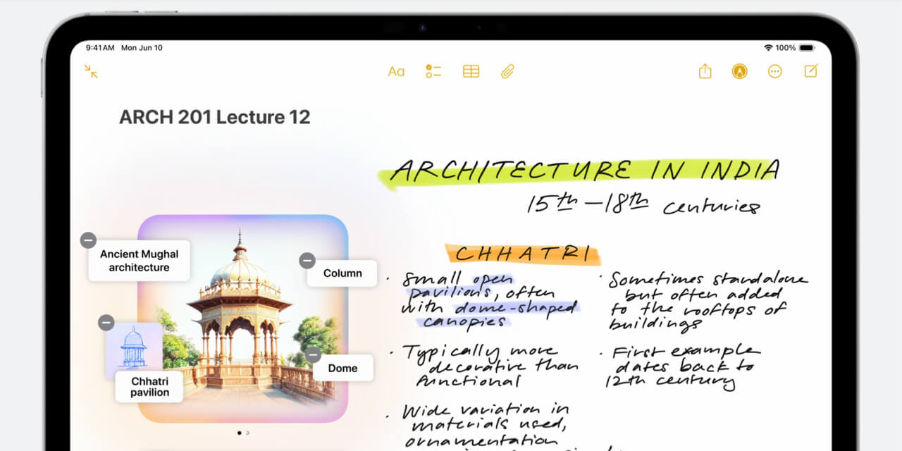 A screenshot from Apple's WWDC24 keynote, showing an iPad with a Notes app note containing handwritten notes on historic Indian architecture and an AI-generated image of an Indian chhatri pavilion
