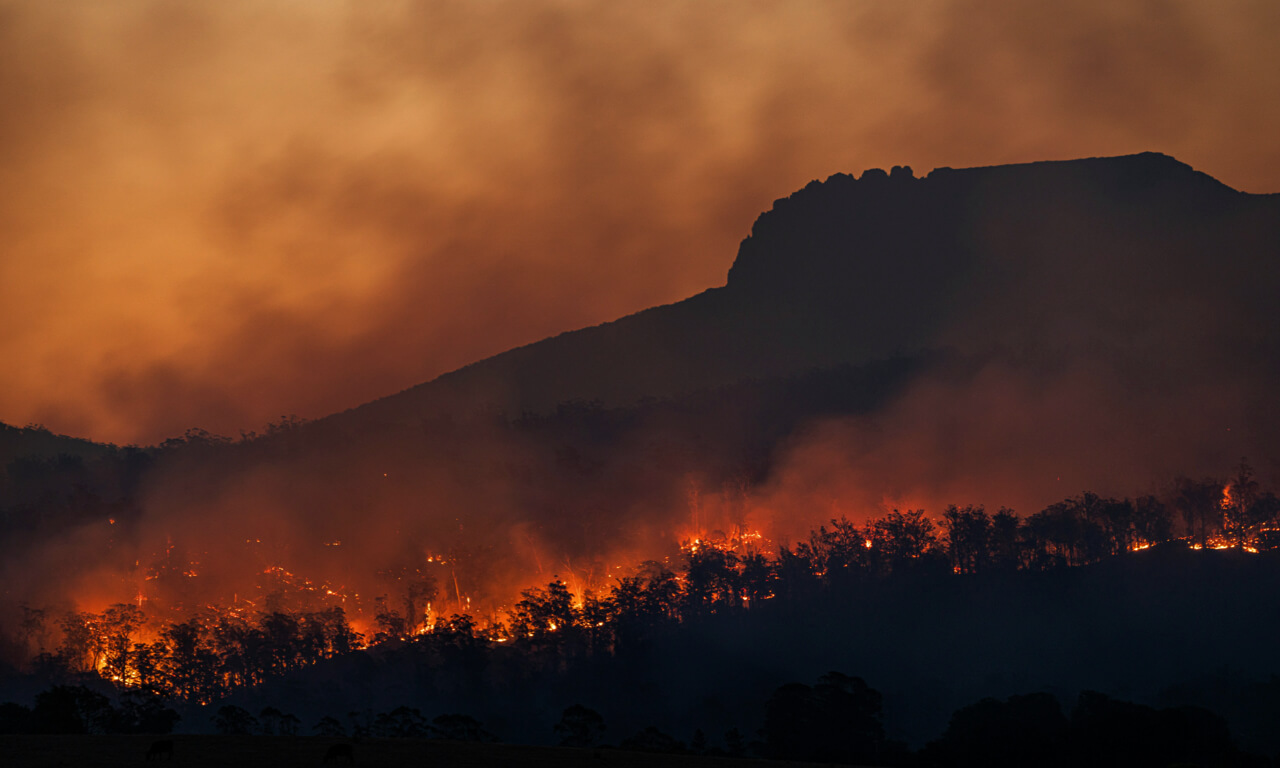 Dark scene of a forest fire ravaging a hillside, set amongst a smoke-filled sky