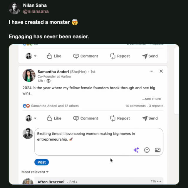 Screenshot of the referenced tweet, in which user @nilansaha posts a video of his AI commenting tool and writes, "I have created a monster 🤯" and "engaging has never been easier."