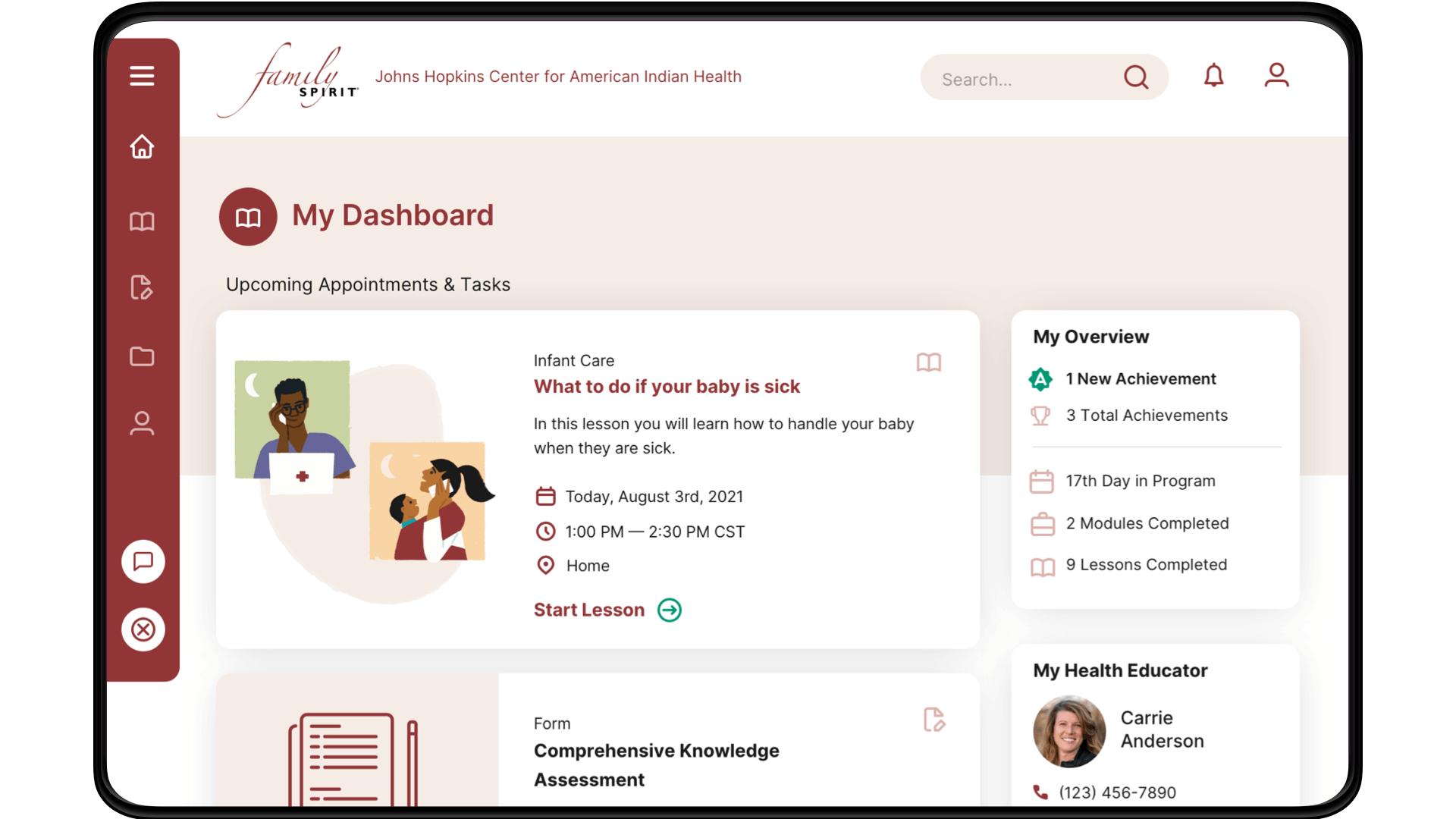 Dashboard screen for the Family Spirit digital curriculum application