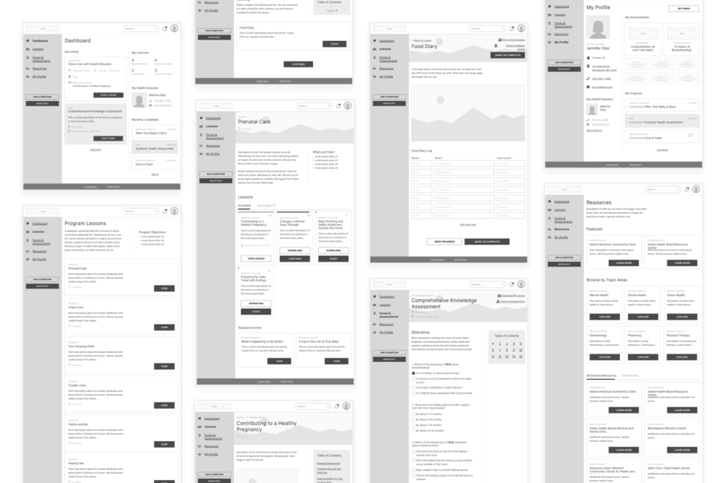 A grid of wireframes for the Family Spirit digital curriculum